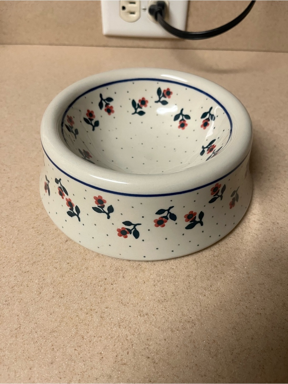Polish Pottery Ceramic Dog Cat Floral Flower Food Dish Bowl